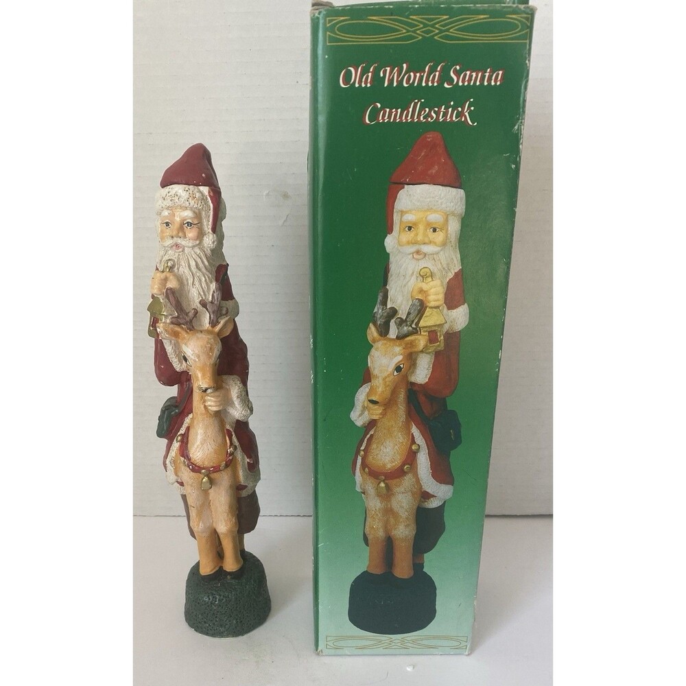 Old World Pencil Santa W Reindeer Figurine Candlestick W Box Wooden Chrismtas